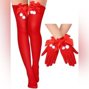Jiuguva Christmas Bow Red Thigh High Stockings and Bow Red Gloves Christmas